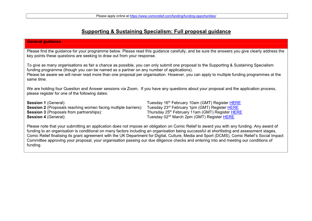 Supporting & Sustaining Specialism: Full Proposal Guidance