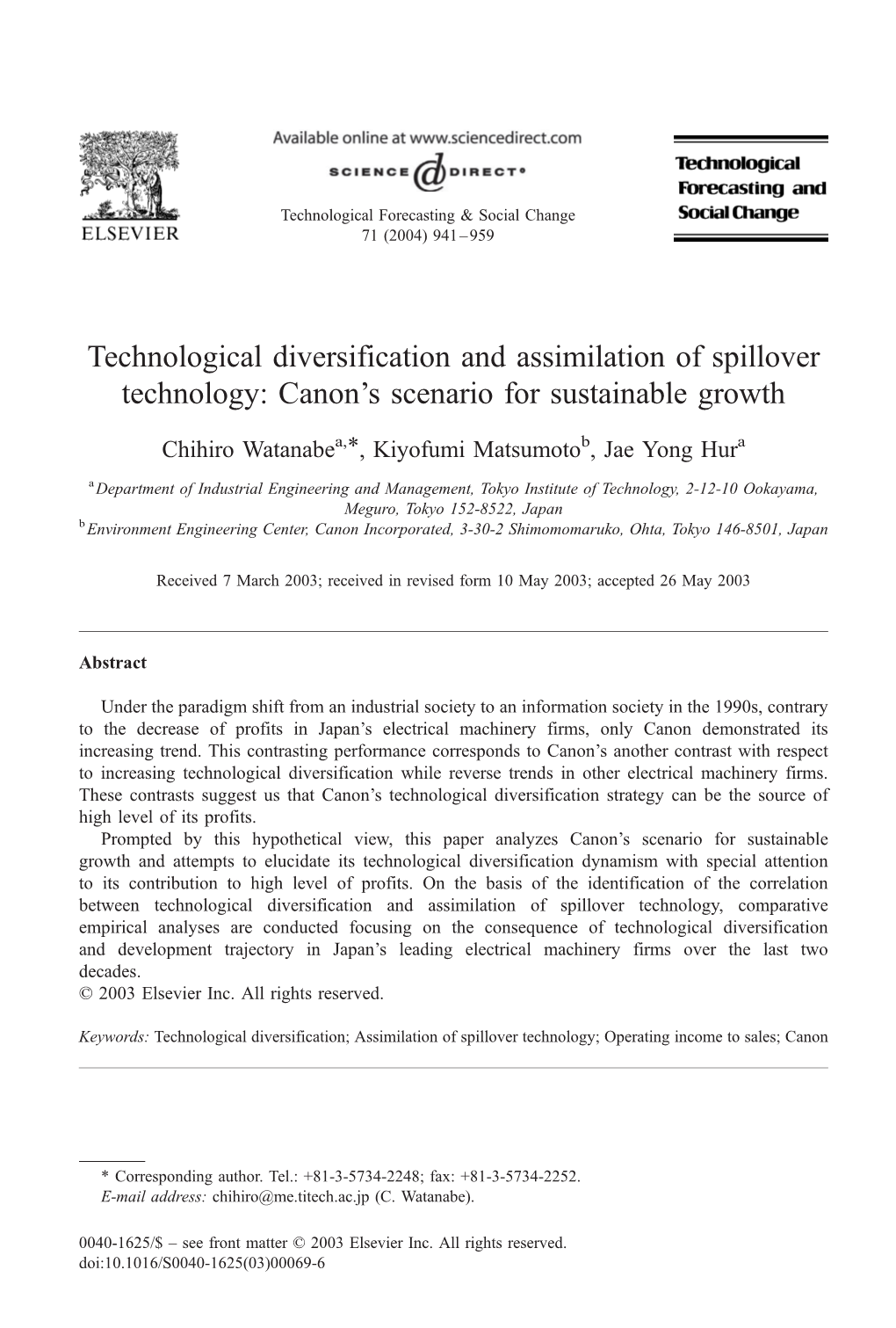 Technological Diversification and Assimilation of Spillover Technology: Canon’S Scenario for Sustainable Growth