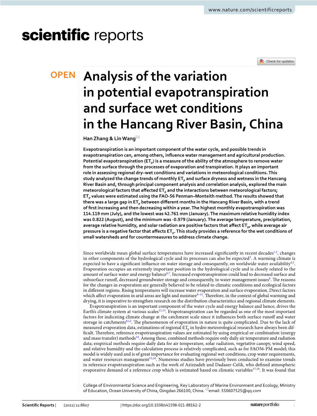 Analysis of the Variation in Potential Evapotranspiration and Surface Wet Conditions in the Hancang River Basin, China Han Zhang & Lin Wang*