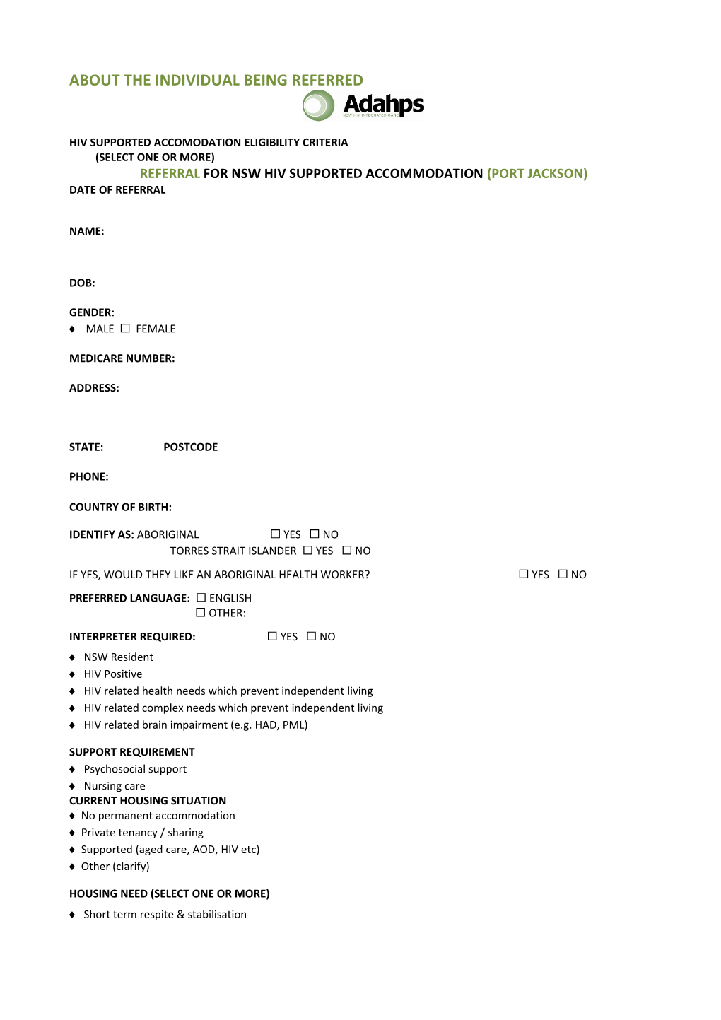 Application for Port Jackson Housing