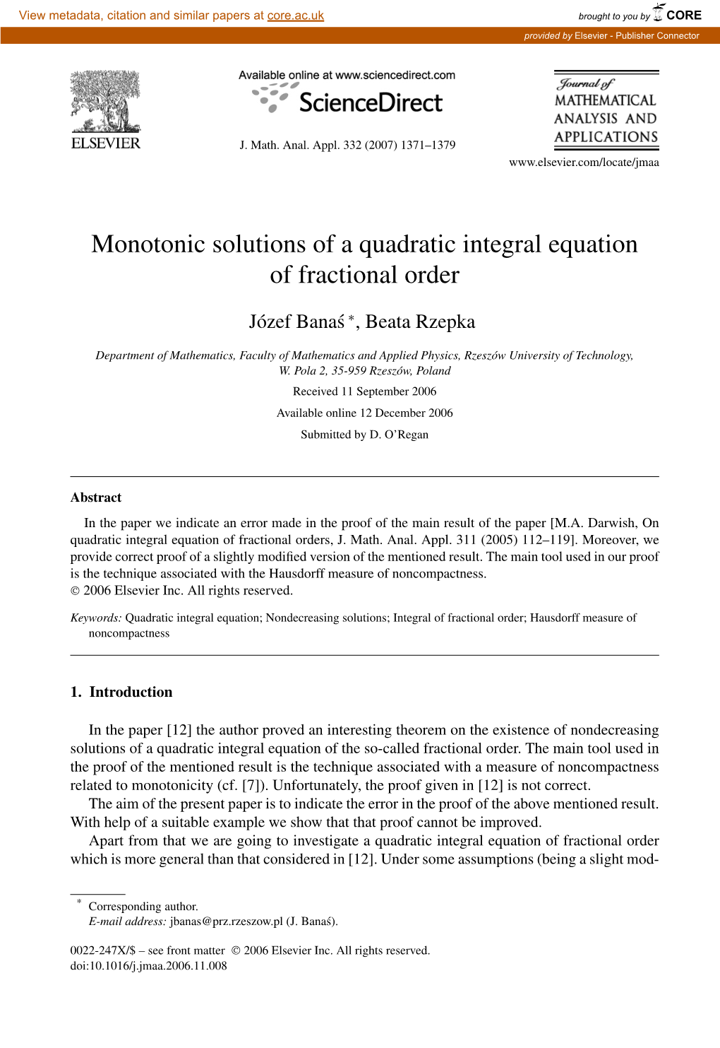 Monotonic Solutions of a Quadratic Integral Equation of Fractional Order