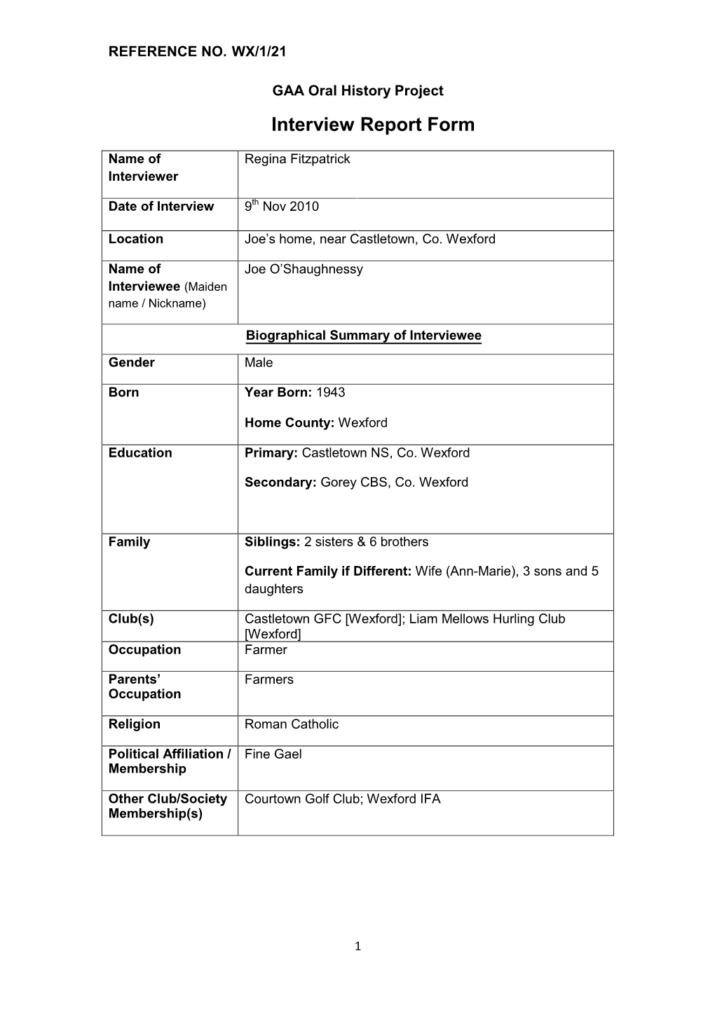 GAA Oral History Project Interview Report Form