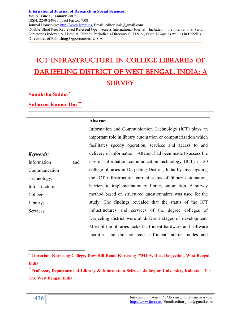 476 Ict Infrastructure in College Libraries of Darjeeling District Of