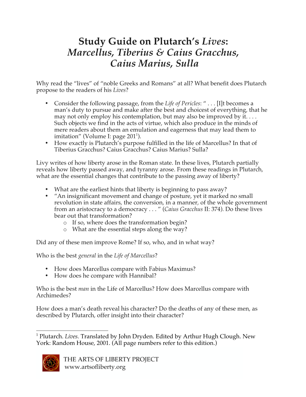 Study Guide on Plutarch's Lives: Marcellus, Tiberius & Caius Gracchus, Caius Marius, Sulla