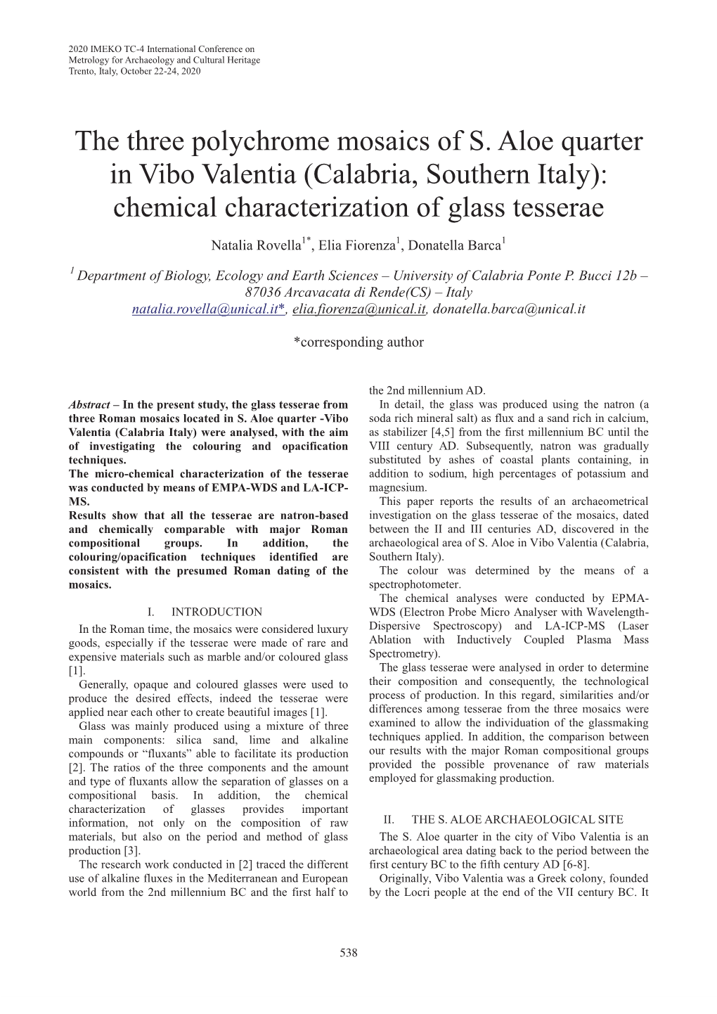 The Three Polychrome Mosaics of S. Aloe Quarter in Vibo Valentia (Calabria, Southern Italy): Chemical Characterization of Glass Tesserae