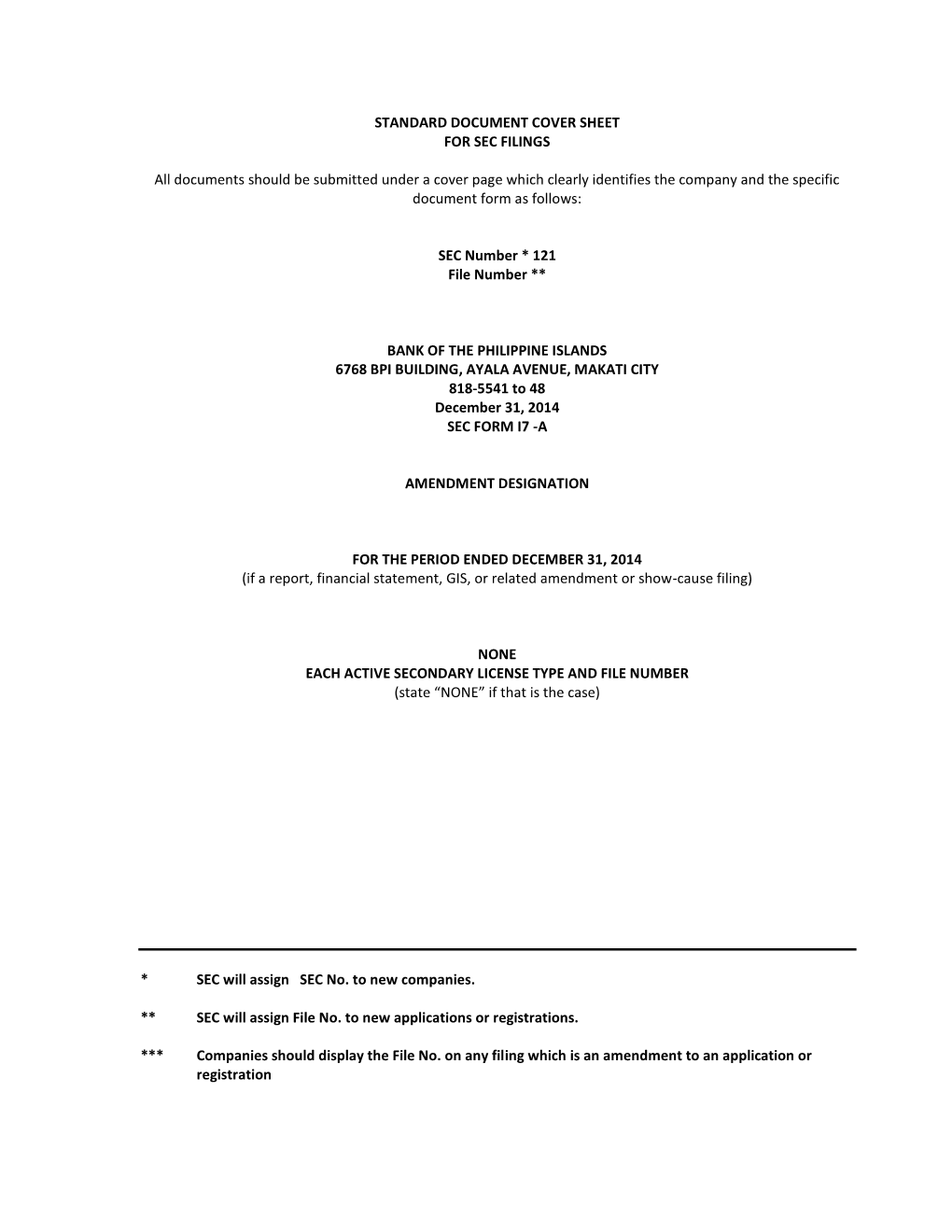Standard Document Cover Sheet for Sec Filings