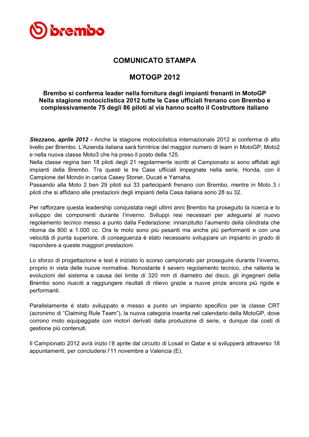 Comunicato Stampa Motogp 2012