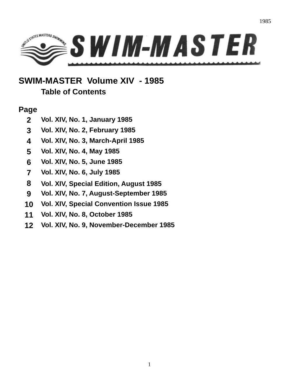 SWIM-MASTER Volume XIV - 1985 Table of Contents