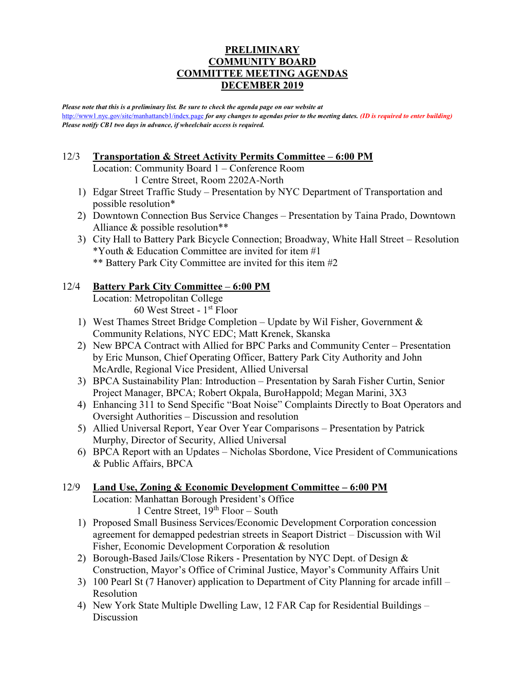 Preliminary Community Board Committee Meeting Agendas December 2019