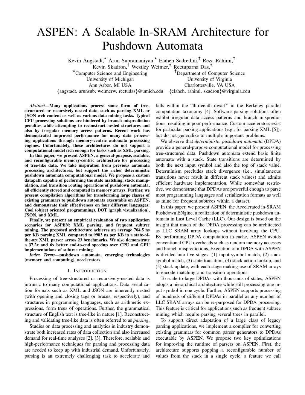 ASPEN: a Scalable In-SRAM Architecture for Pushdown Automata