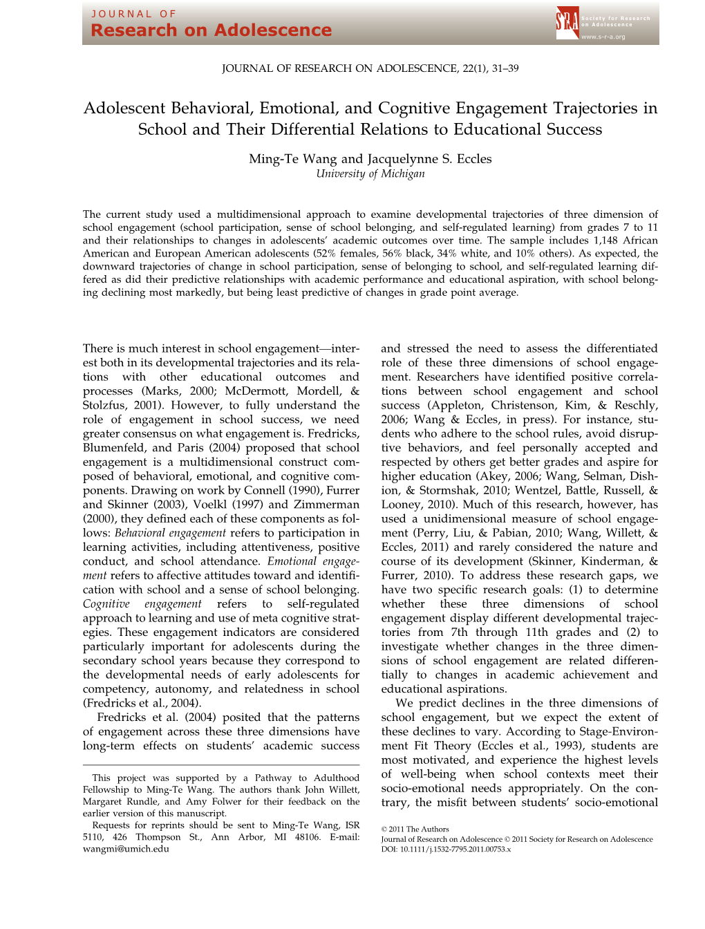 Adolescent Behavioral, Emotional, and Cognitive Engagement Trajectories in School and Their Differential Relations to Educational Success