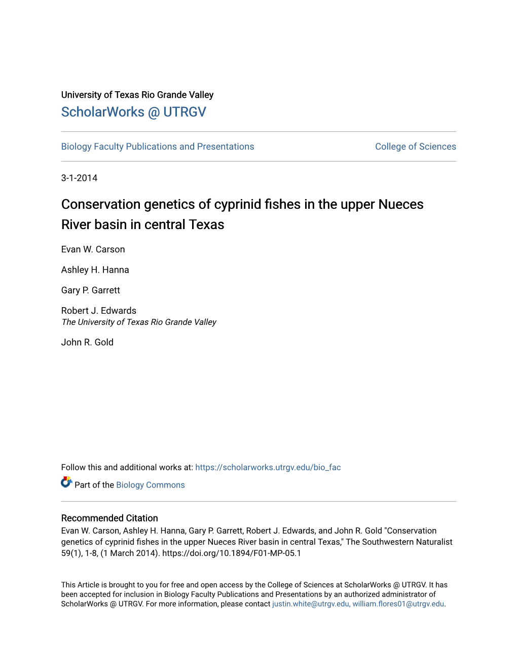 Conservation Genetics of Cyprinid Fishes in the Upper Nueces River Basin in Central Texas