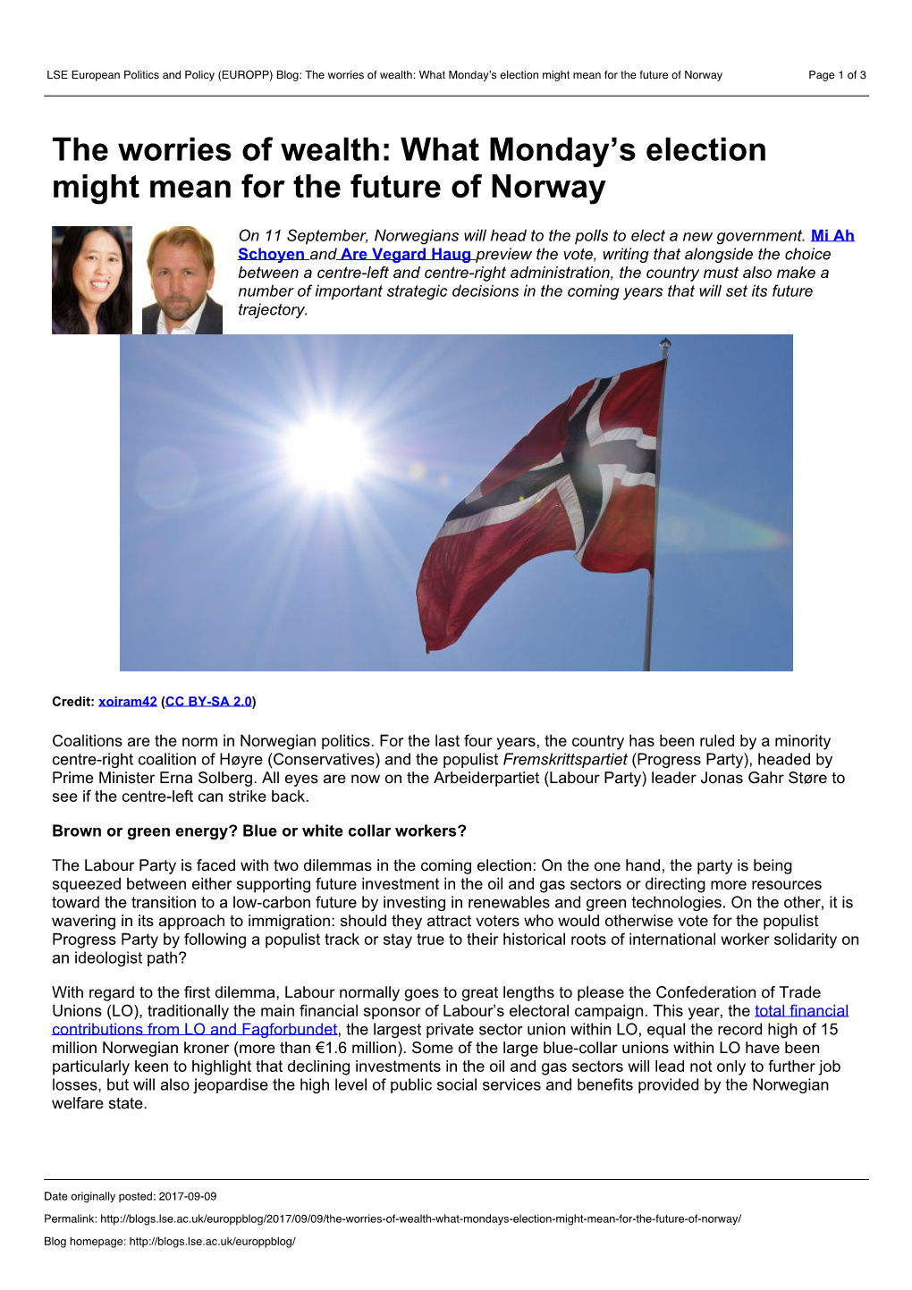 (EUROPP) Blog: the Worries of Wealth: What Monday’S Election Might Mean for the Future of Norway Page 1 of 3