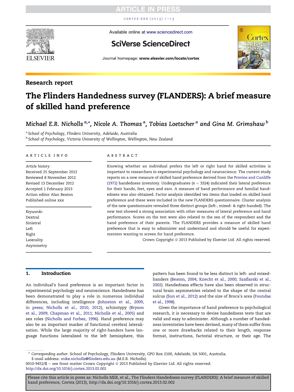 The Flinders Handedness Survey (FLANDERS): a Brief Measure of Skilled Hand Preference