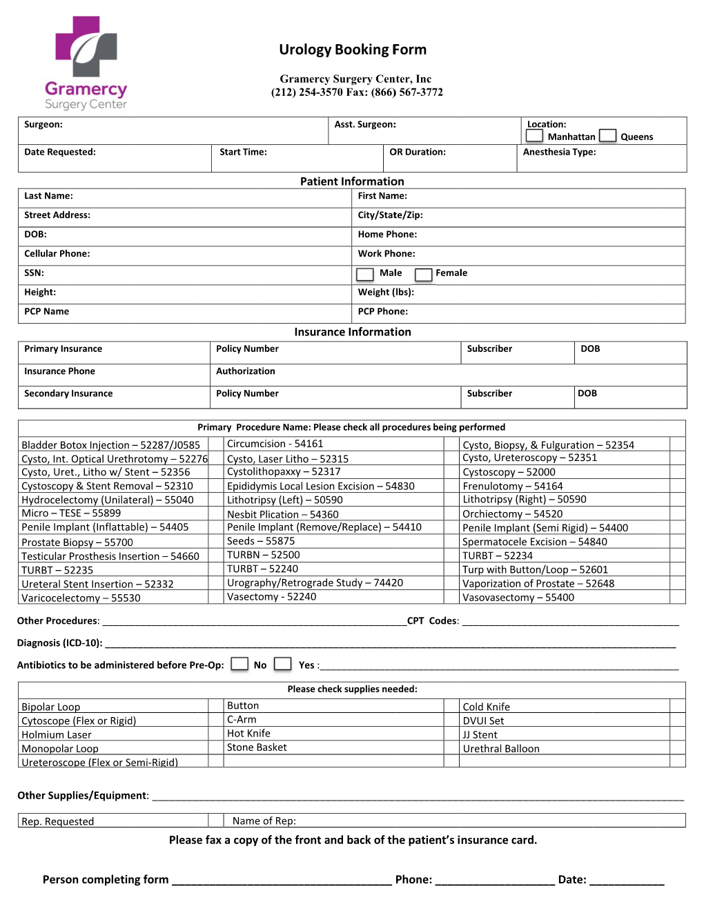 Urology Y Booking F Form