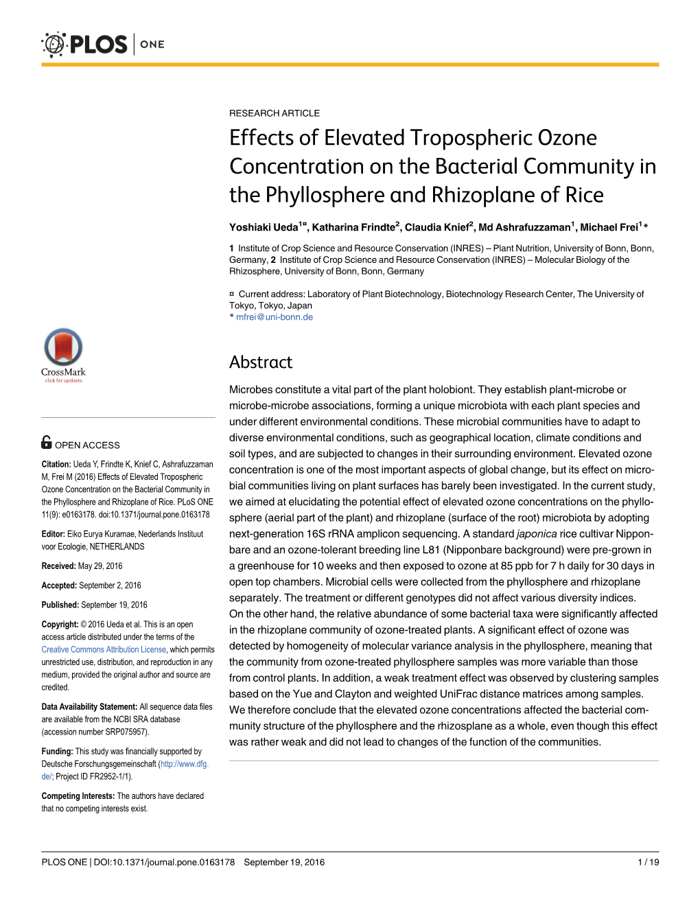 Effects of Elevated Tropospheric Ozone Concentration on the Bacterial Community in the Phyllosphere and Rhizoplane of Rice