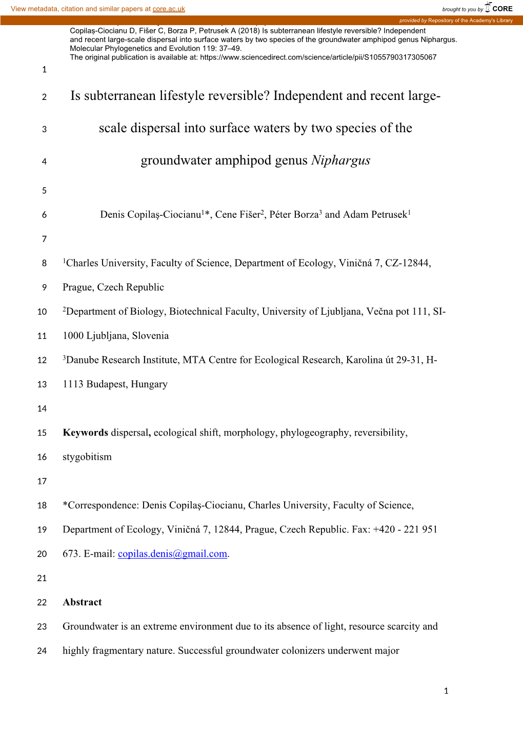 Scale Dispersal Into Surface Waters by Two Species of the Groundwater Amphipod Genus Niphargus