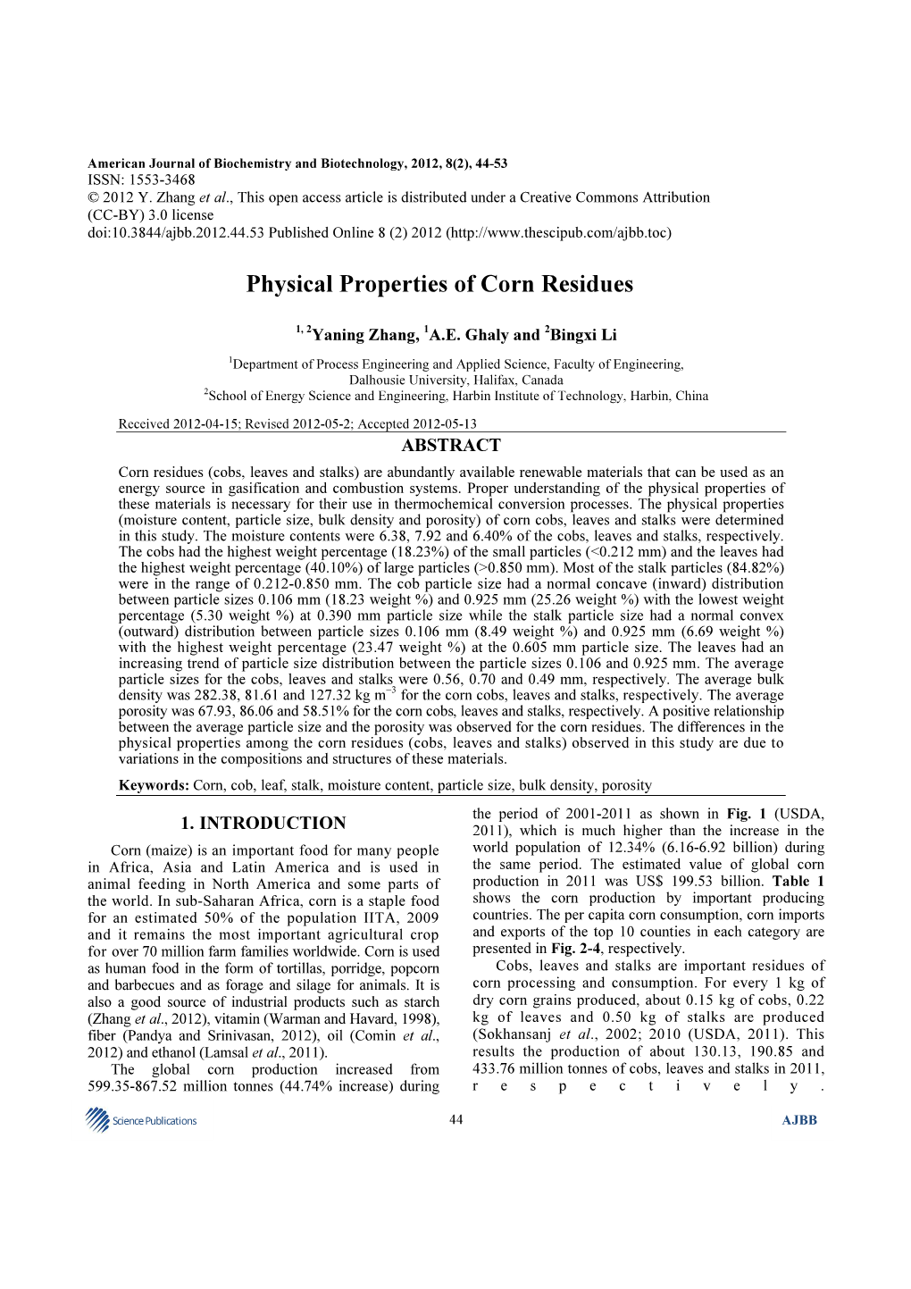 Physical Properties of Corn Residues