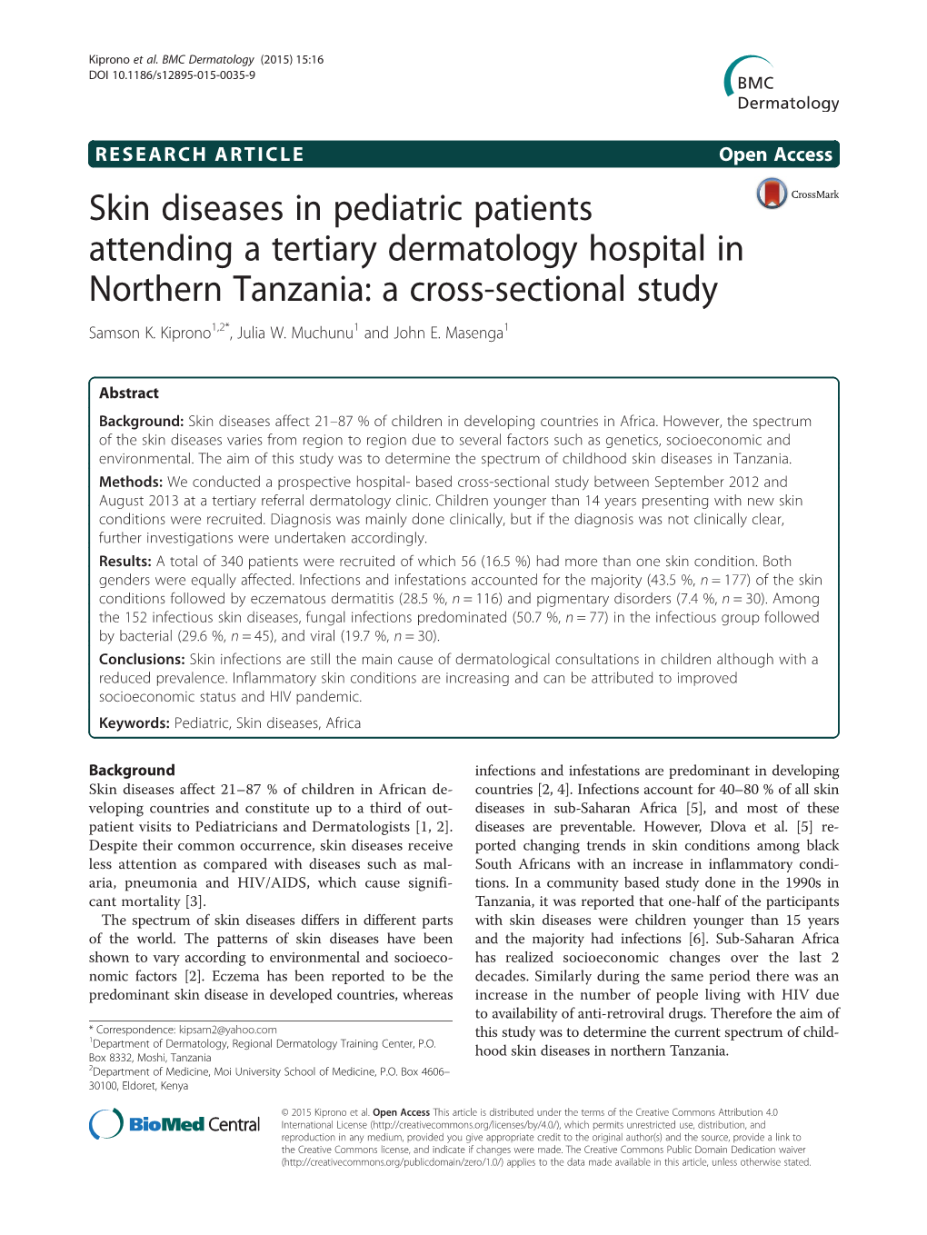 Skin Diseases in Pediatric Patients Attending a Tertiary Dermatology Hospital in Northern Tanzania: a Cross-Sectional Study Samson K