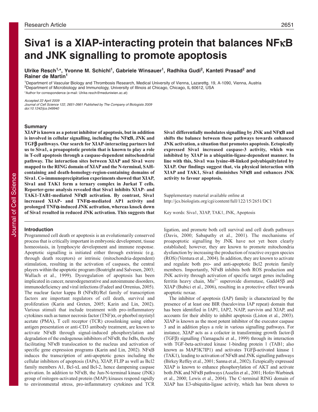 Siva1 Is a XIAP-Interacting Protein That Balances Nfκb and JNK Signalling to Promote Apoptosis