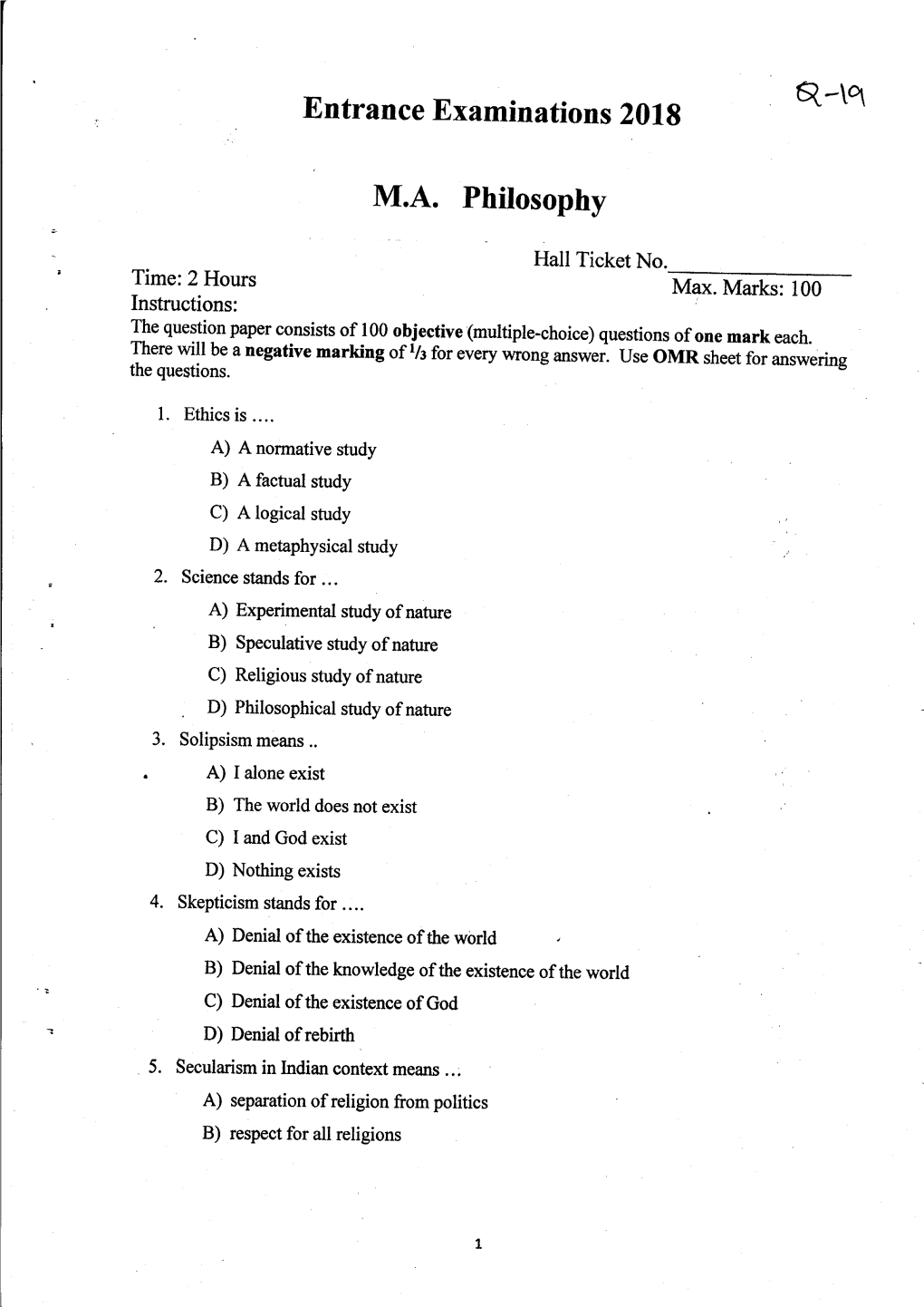 Entrance Examinations 2018 M.A. Philosophy