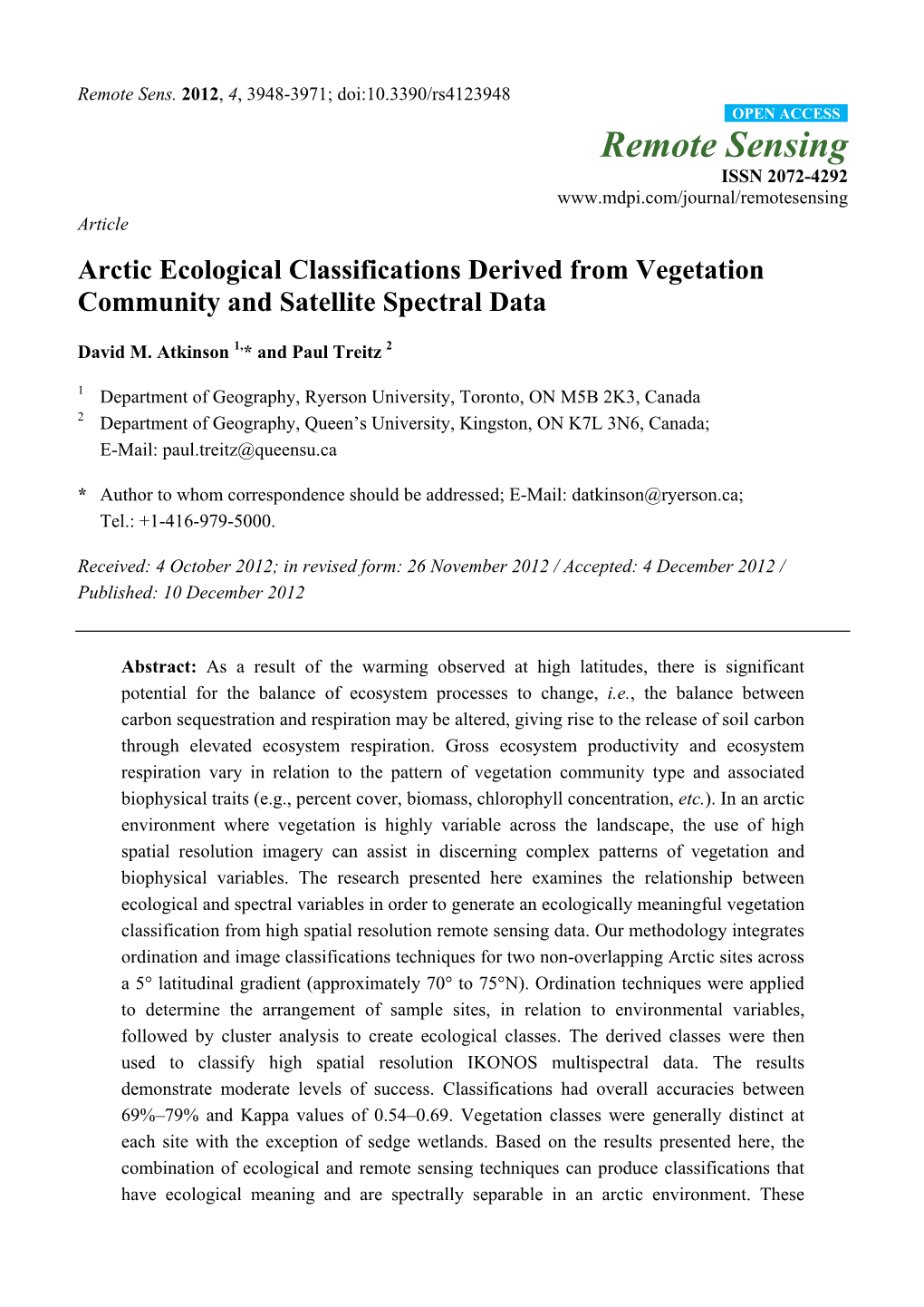 Arctic Ecological Classifications Derived from Vegetation Community and Satellite Spectral Data