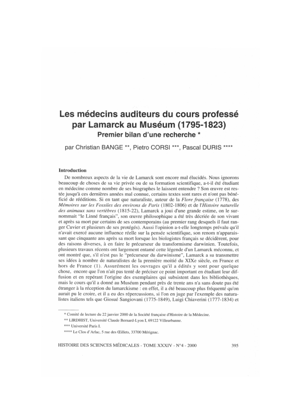 Les Médecins Auditeurs Du Cours Professé Par Lamarck Au Muséum (1795-1823) Premier Bilan D'une Recherche *