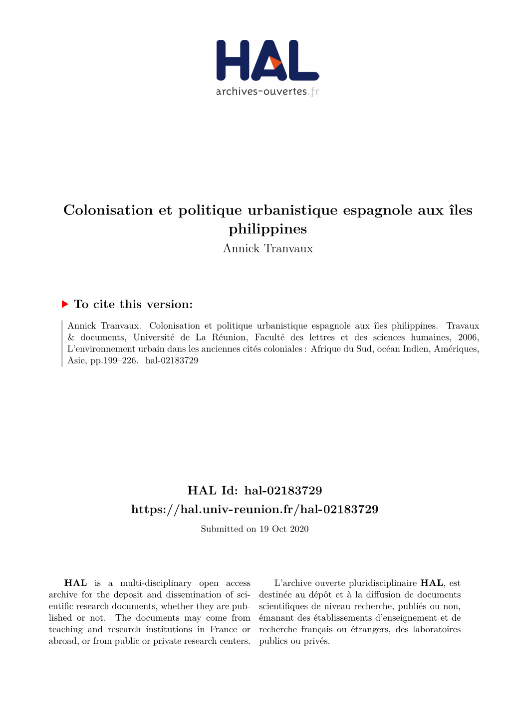 Colonisation Et Politique Urbanistique Espagnole Aux Îles Philippines Annick Tranvaux