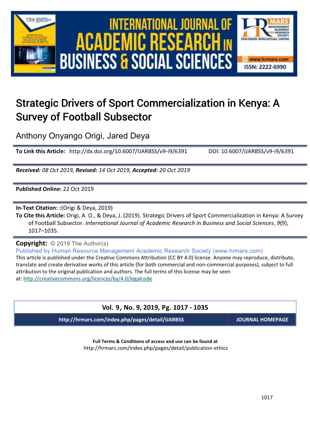 Strategic Drivers of Sport Commercialization in Kenya: a Survey of Football Subsector