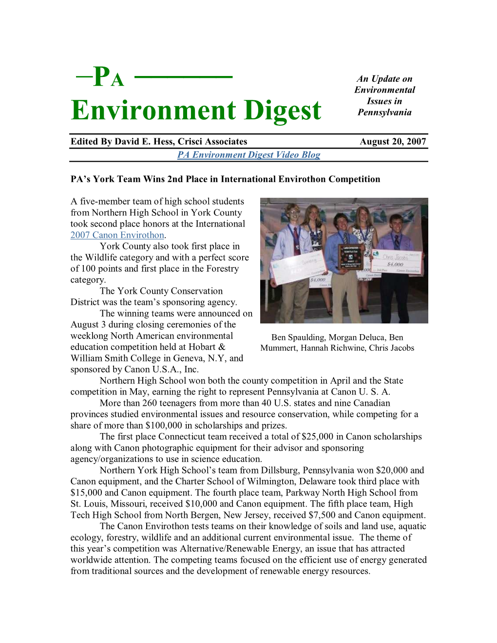 PA Environment Digest 8/20/07