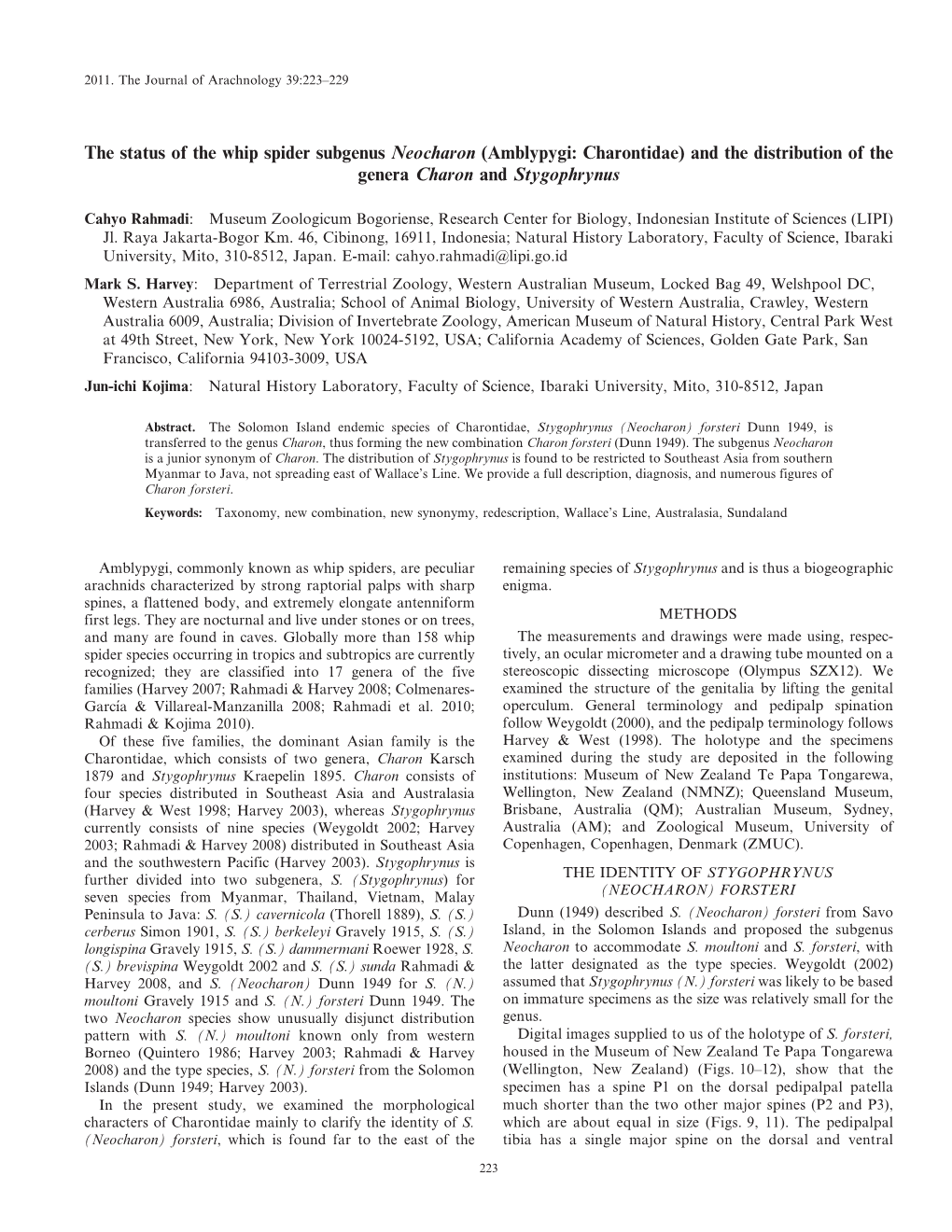 Amblypygi: Charontidae) and the Distribution of the Genera Charon and Stygophrynus