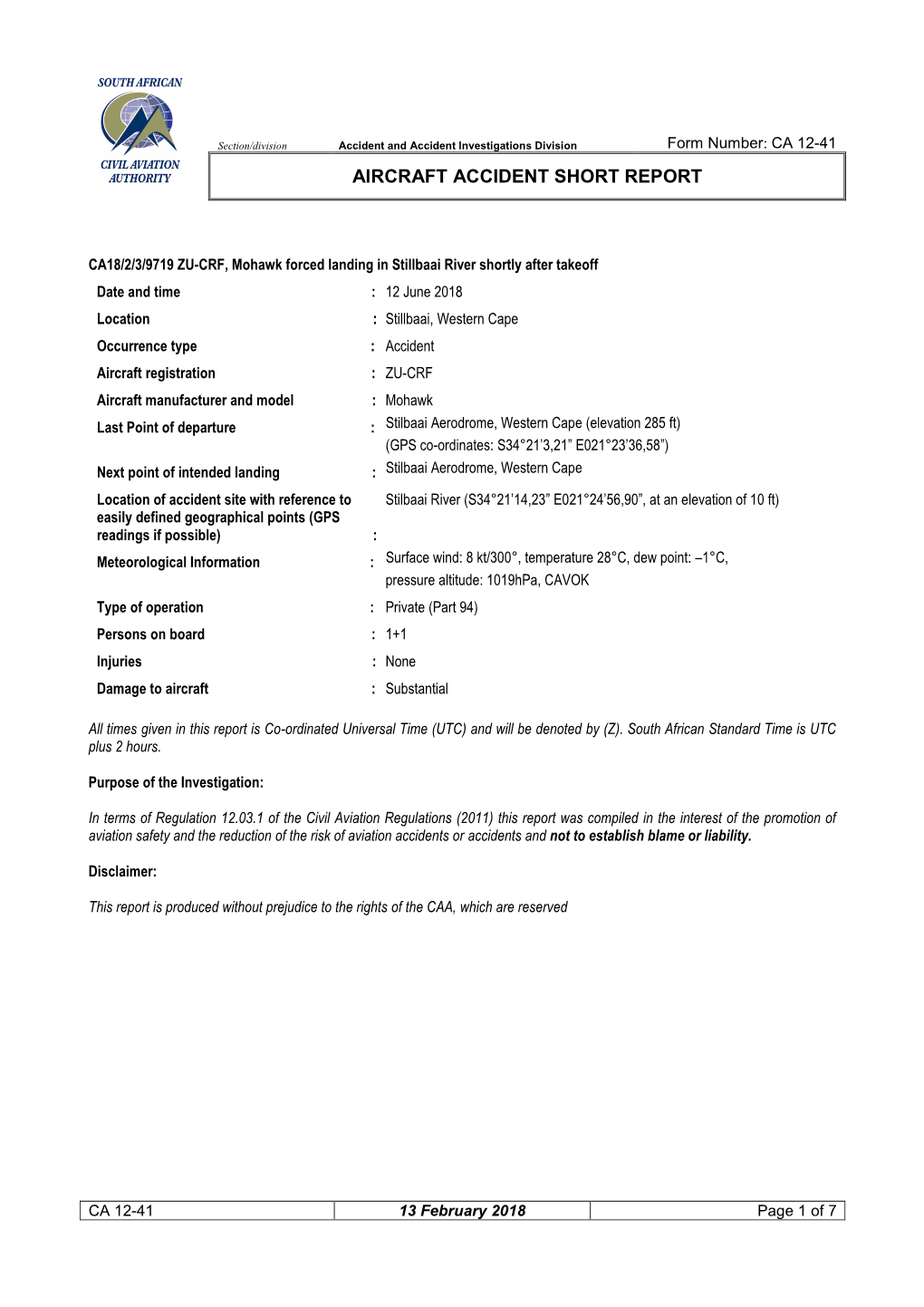 Aircraft Accident Short Report