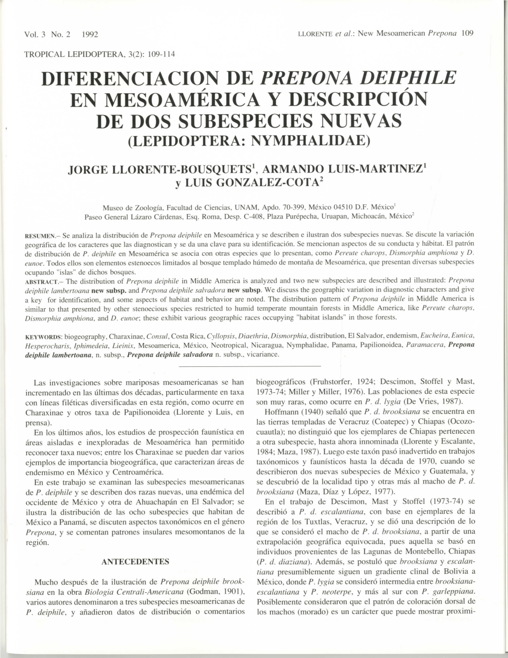 Diferenciacion De Prepona Deiphile En Mesoamerica Y Descripcion De Dos Subespecies Nuevas (Lepidoptera: Nymphalidae)