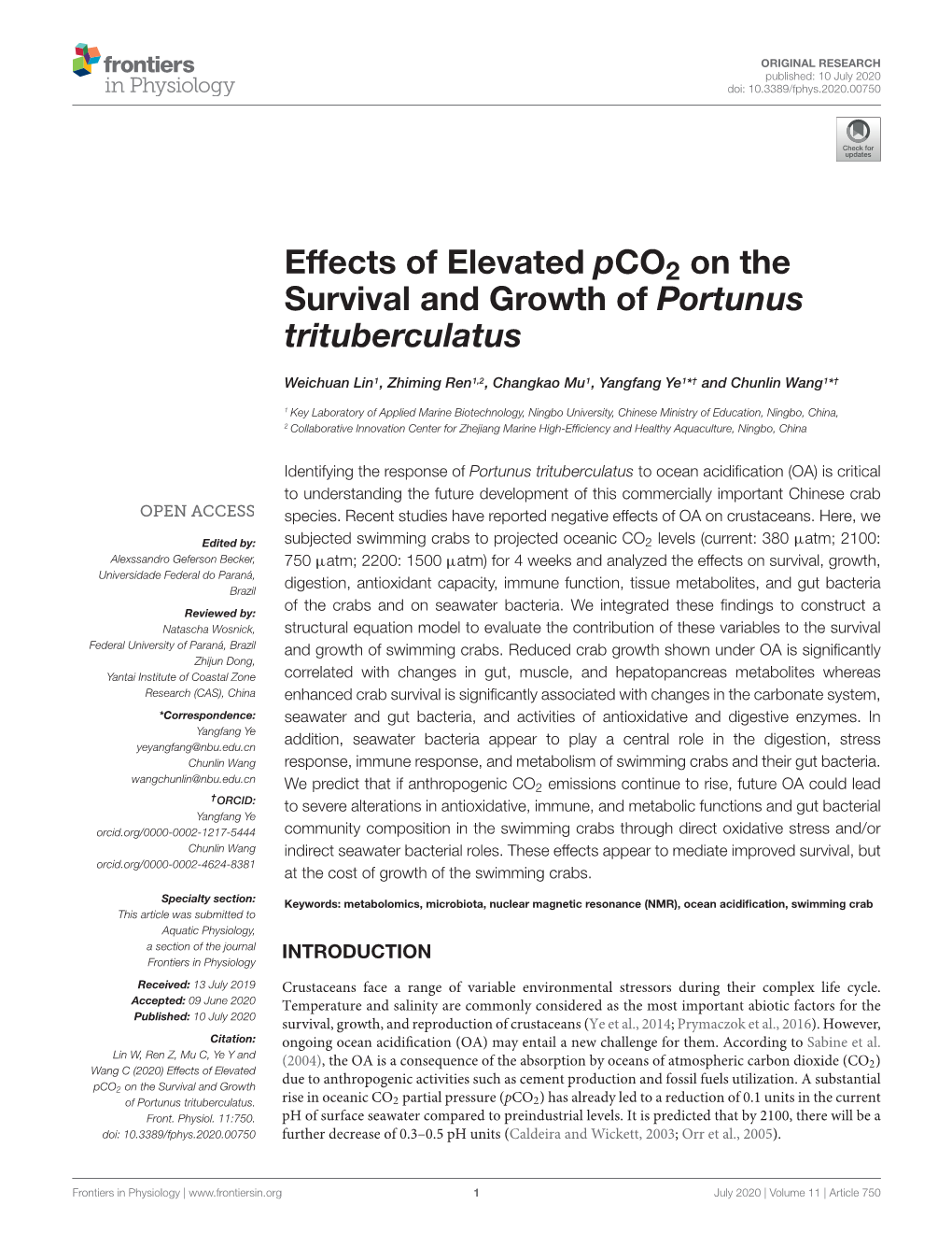 Effects of Elevated Pco2 on the Survival and Growth of Portunus Trituberculatus