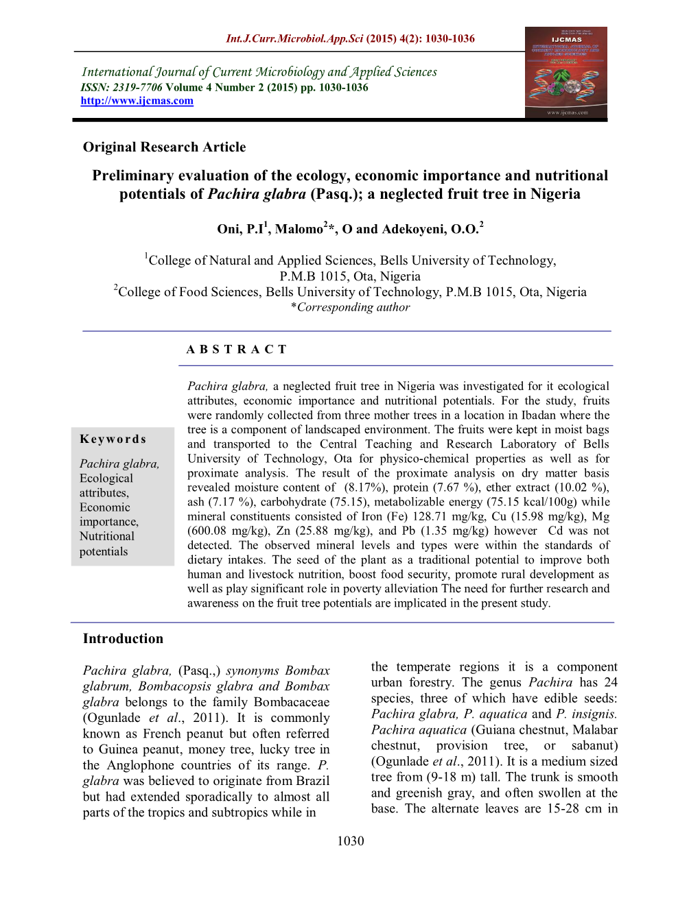 Preliminary Evaluation of the Ecology, Economic Importance and Nutritional Potentials of Pachira Glabra (Pasq.); a Neglected Fruit Tree in Nigeria