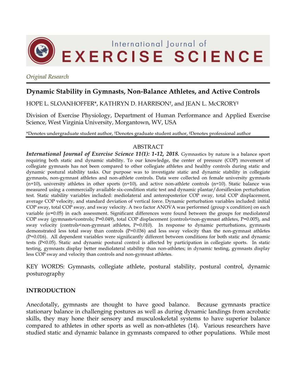 Dynamic Stability in Gymnasts, Non-Balance Athletes, and Active Controls