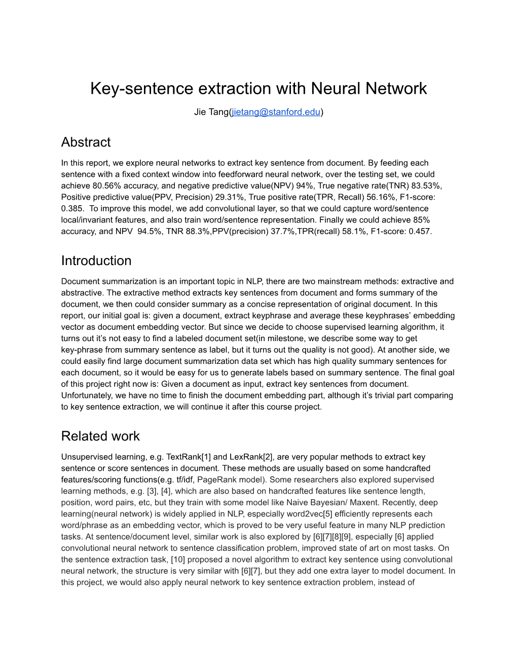Keysentence Extraction with Neural Network