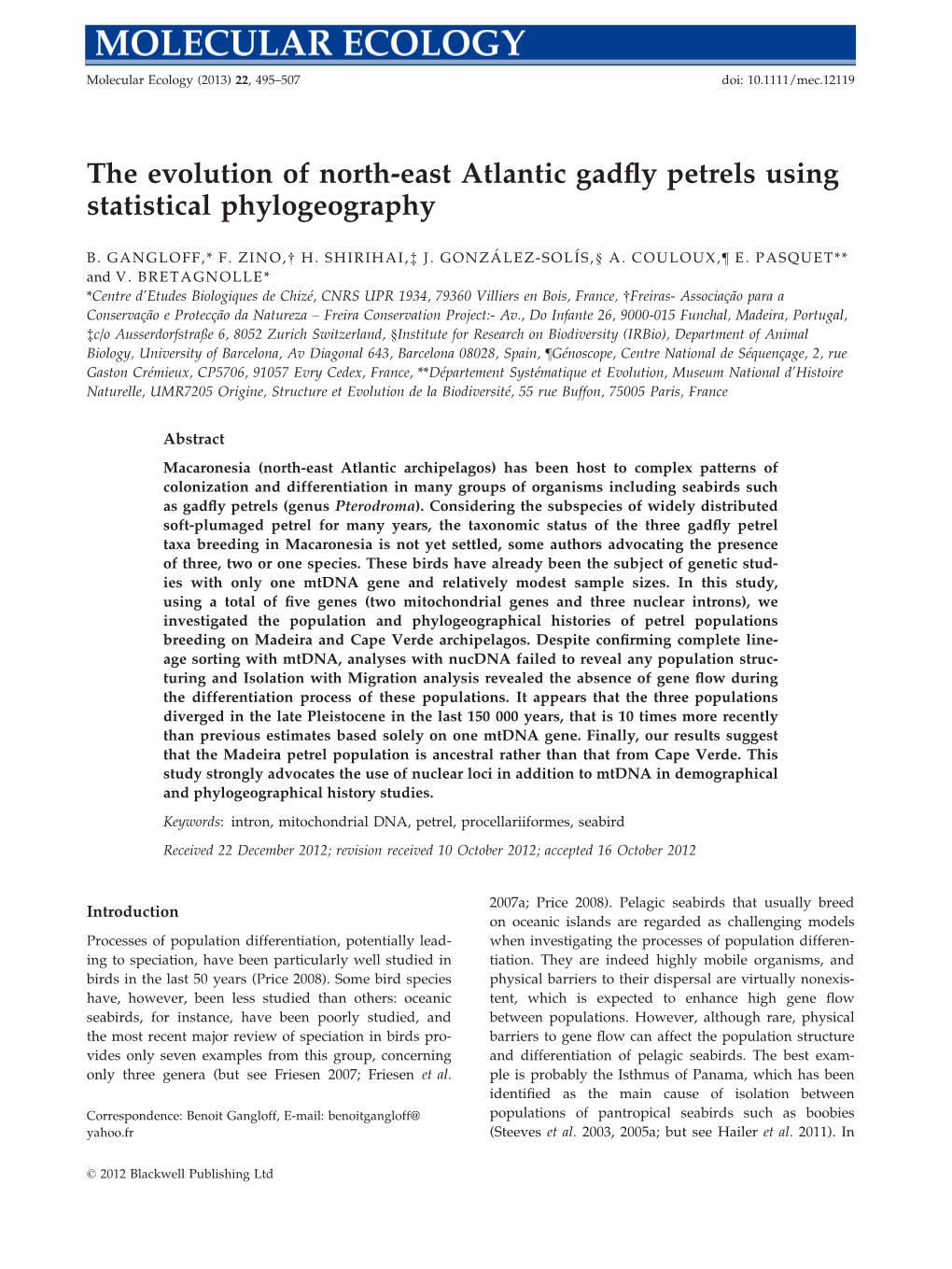 The Evolution of Northeast Atlantic Gadfly Petrels Using Statistical Phylogeography