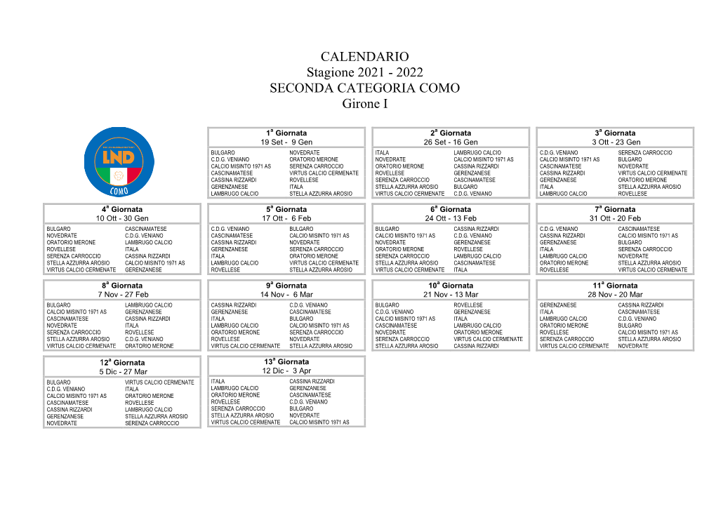 2022 SECONDA CATEGORIA COMO Girone I