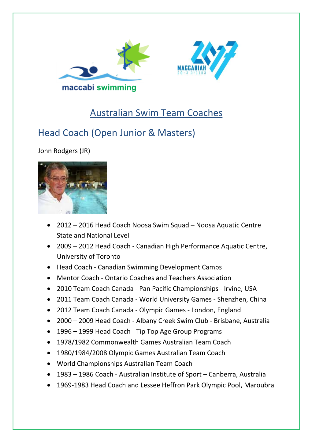 Australian Swim Team Coaches Head Coach (Open Junior & Masters)