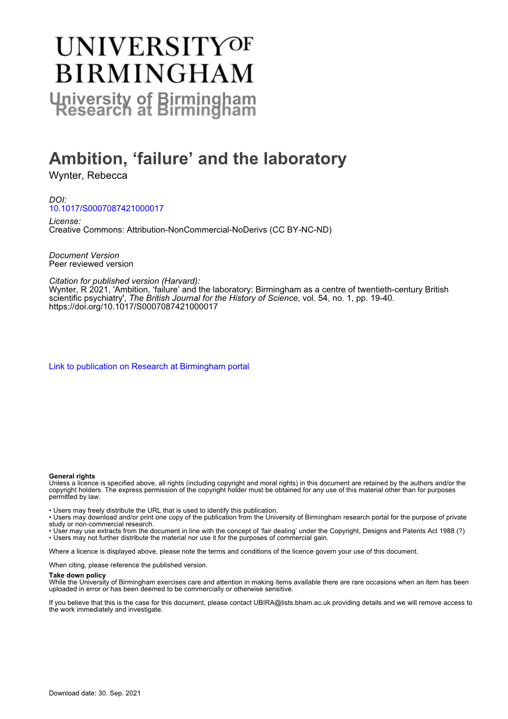 University of Birmingham Ambition, 'Failure' and the Laboratory