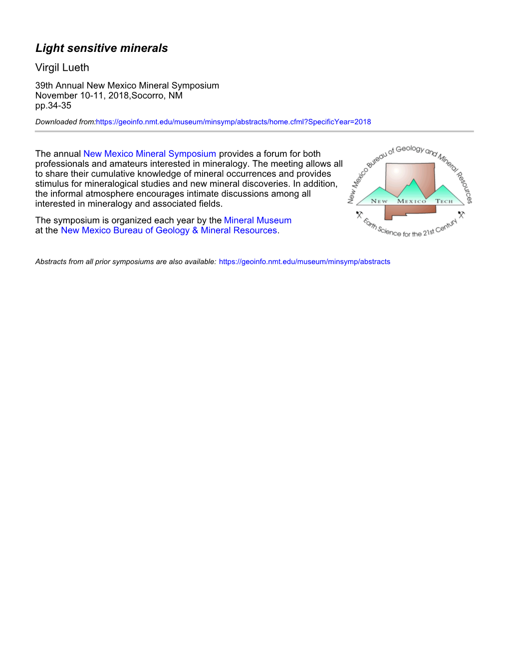 Light Sensitive Minerals Virgil Lueth 39Th Annual New Mexico Mineral Symposium November 10-11, 2018,Socorro, NM Pp.34-35