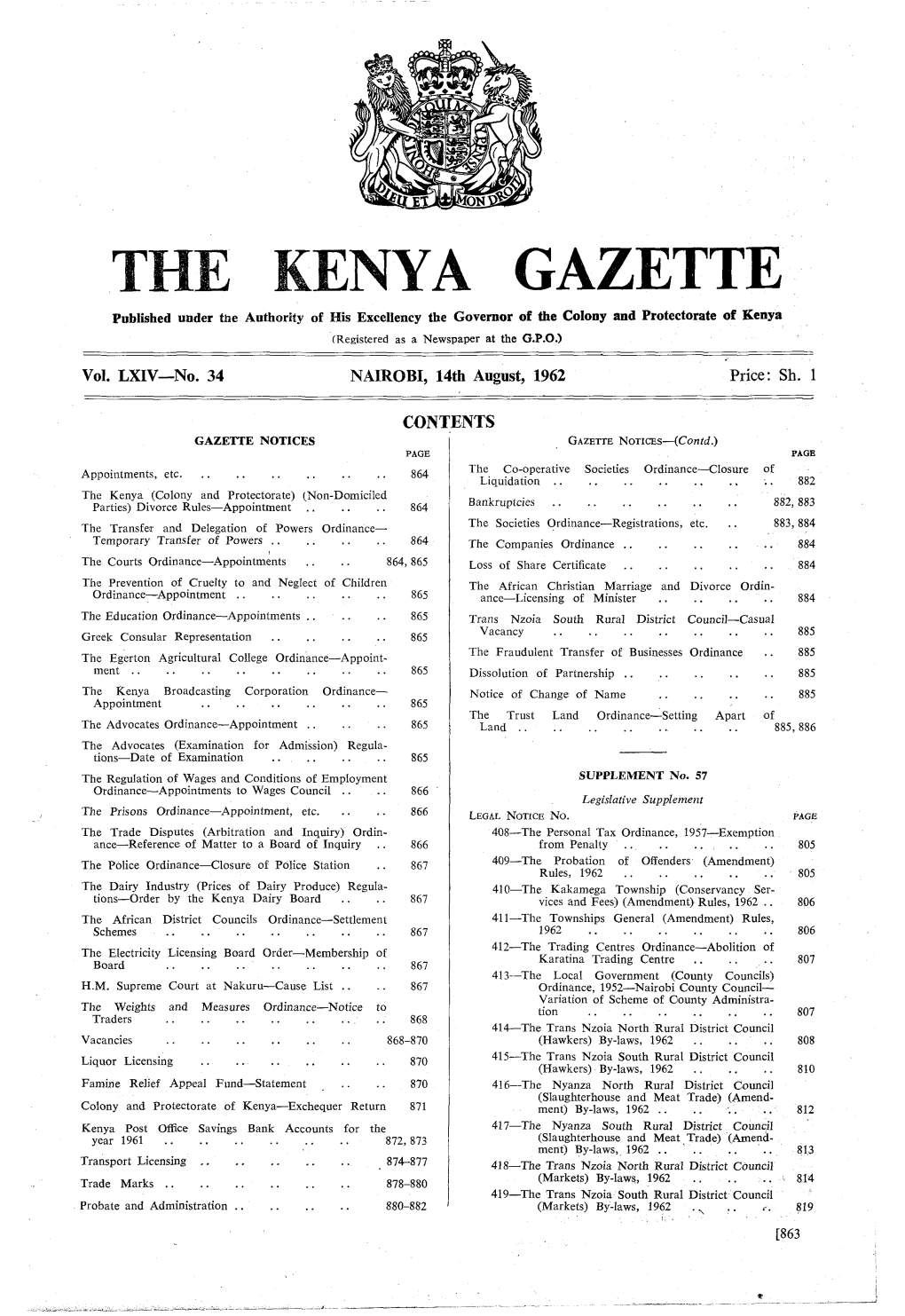 THE KENYA GAZETTE Published Under the Authority of His Excellency the Governor of the Colony and Protectorate of Kenya (Registered As a Newspaper at the G.P.03