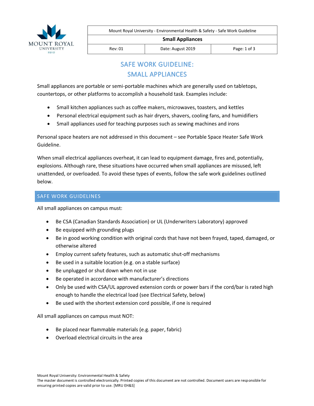 Safe Work Guideline: Small Appliances