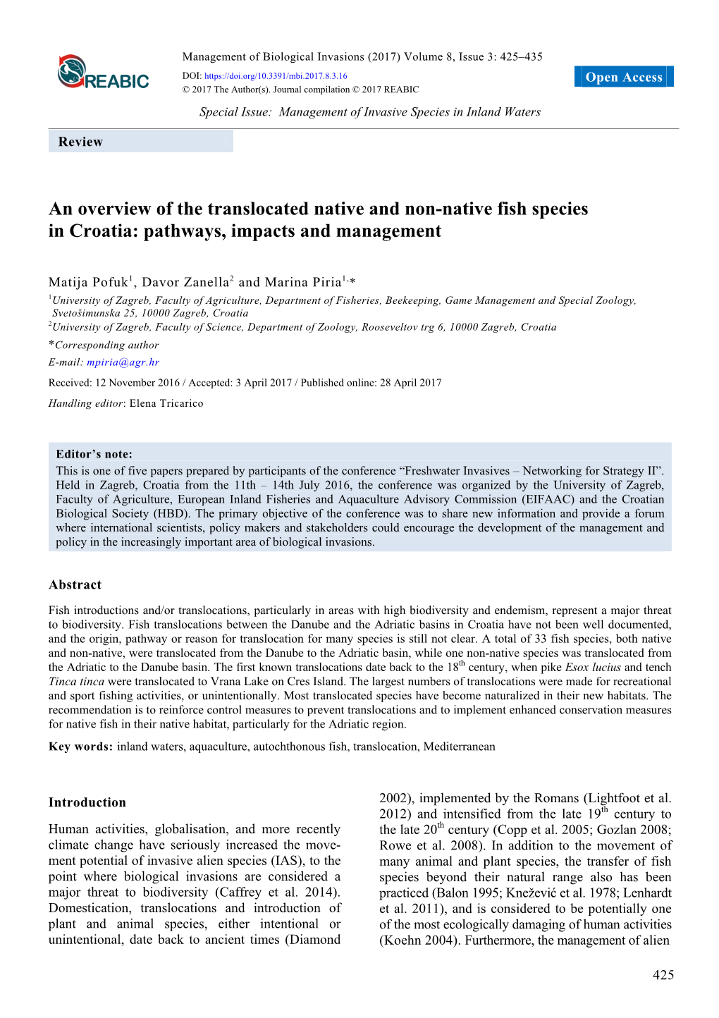 An Overview of the Translocated Native and Non-Native Fish Species in Croatia: Pathways, Impacts and Management