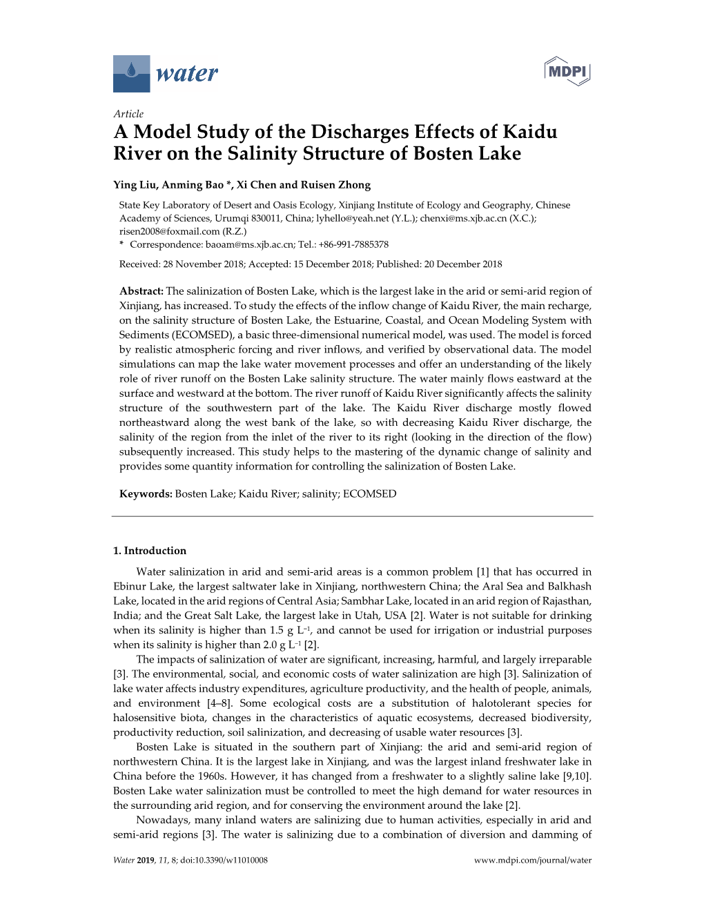 A Model Study of the Discharges Effects of Kaidu River on the Salinity Structure of Bosten Lake