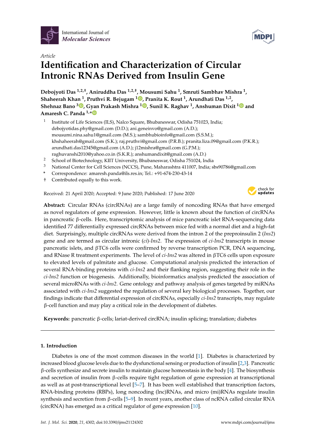 Identification and Characterization of Circular Intronic Rnas Derived from Insulin Gene