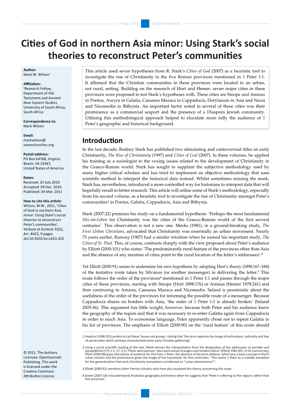 Cities of God in Northern Asia Minor: Using Stark’S Social Theories to Reconstruct Peter’S Communities