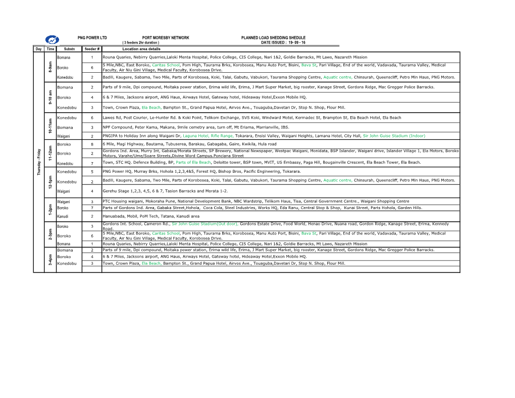 PNG POWER LTD PORT MORESBY NETWORK PLANNED LOAD SHEDDING SHEDULE ( 3 Feeders 2Hr Duration ) DATE ISSUED : 19- 09 - 16 Day Time Substn Feeder # Location Area Details