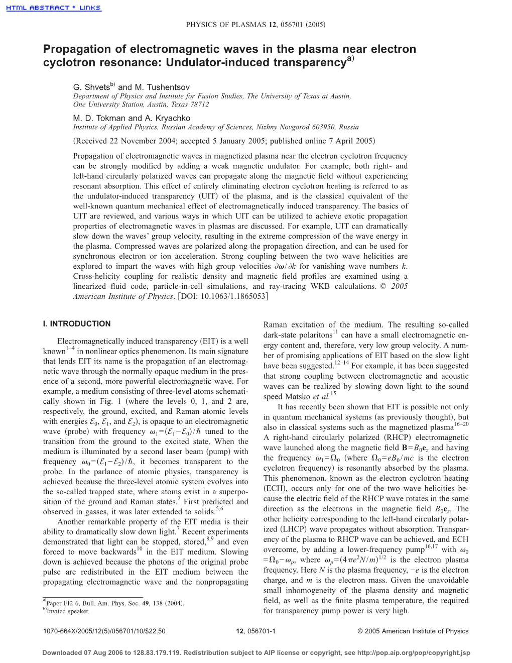 Propagation of Electromagnetic Waves in the Plasma Near Electron Cyclotron Resonance: Undulator-Induced Transparencya…